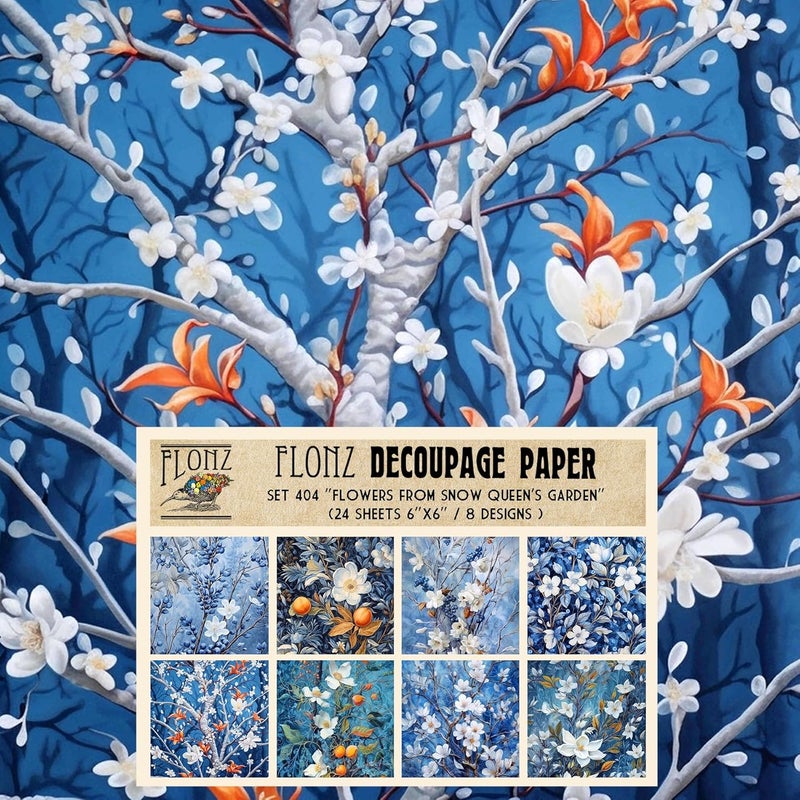 Decoupage Paper Pack (24 Sheets 6"x6") Flowers from Snow Queen's Garden # Vintage Styled Pattern Paper for Decoupage, Craft and Scrapbooking